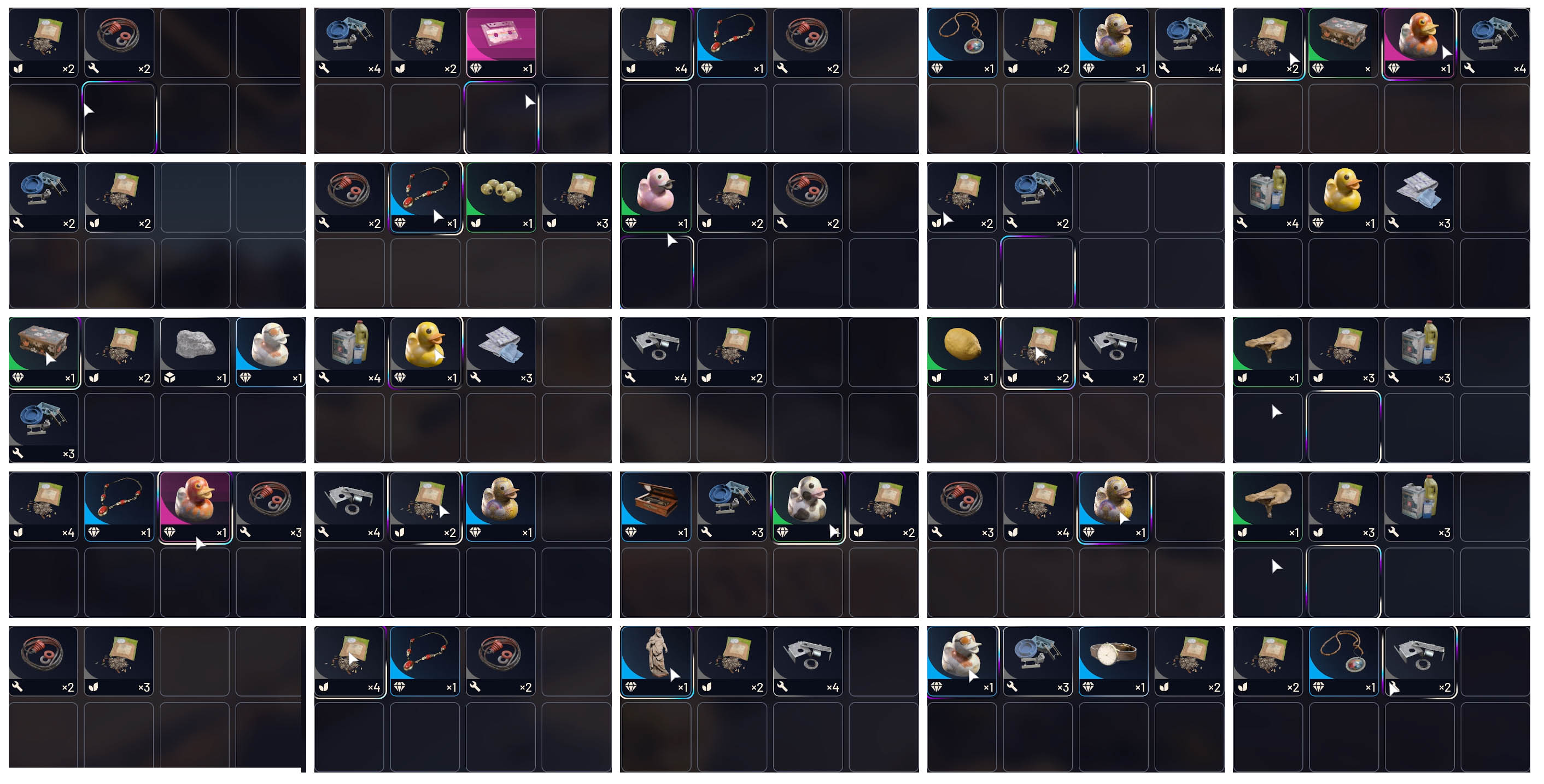 Grid showing 25 individual bird nest loot examples from one run on Buried City