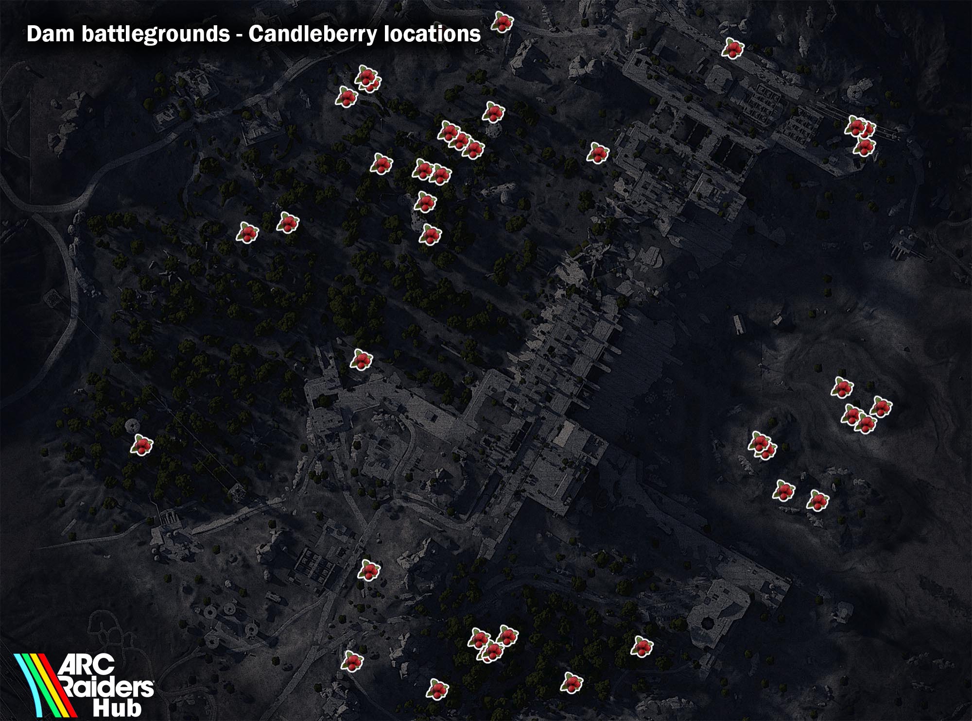 Candleberry spawn areas on Dam Battlegrounds map showing high-density zones at Hydroponic Dome, Scrapyard, and Red Lakes