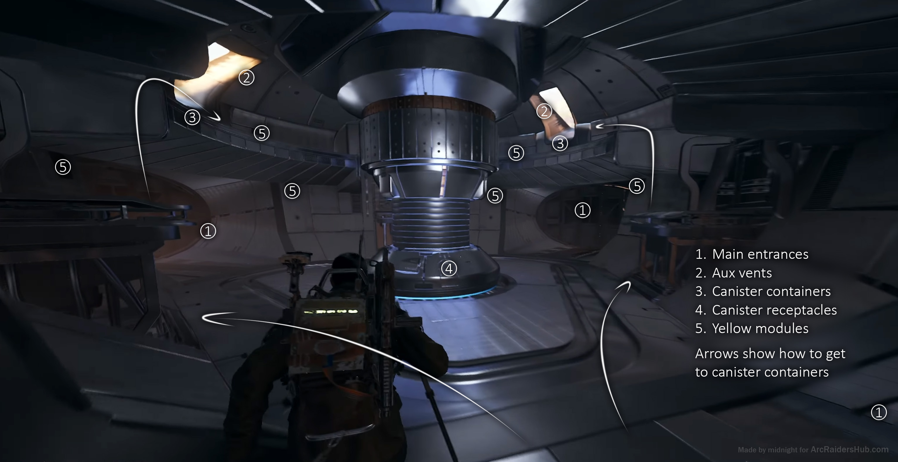 Interior view of Harvester showing upper and lower decks, with breach points marked
