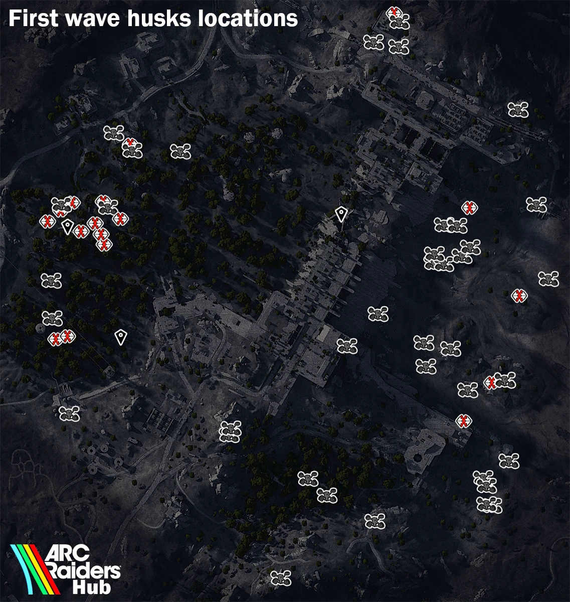 Dam Battlegrounds map showing First Wave Husk locations with filter enabled