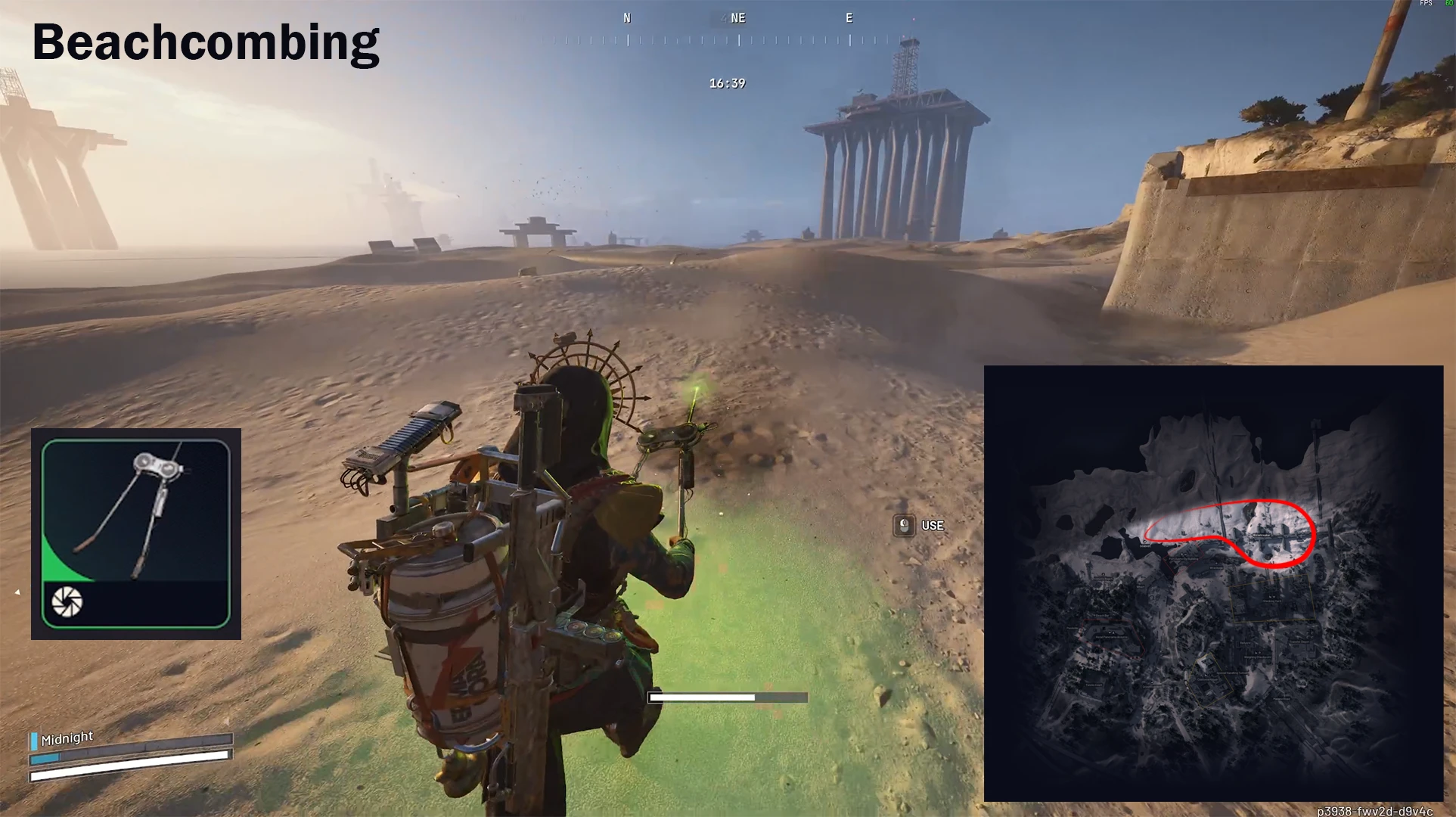 Player using the Dockmaster's Detector for Beachcombing on Riven Tides in ARC Raiders, with map showing the beachcombing area