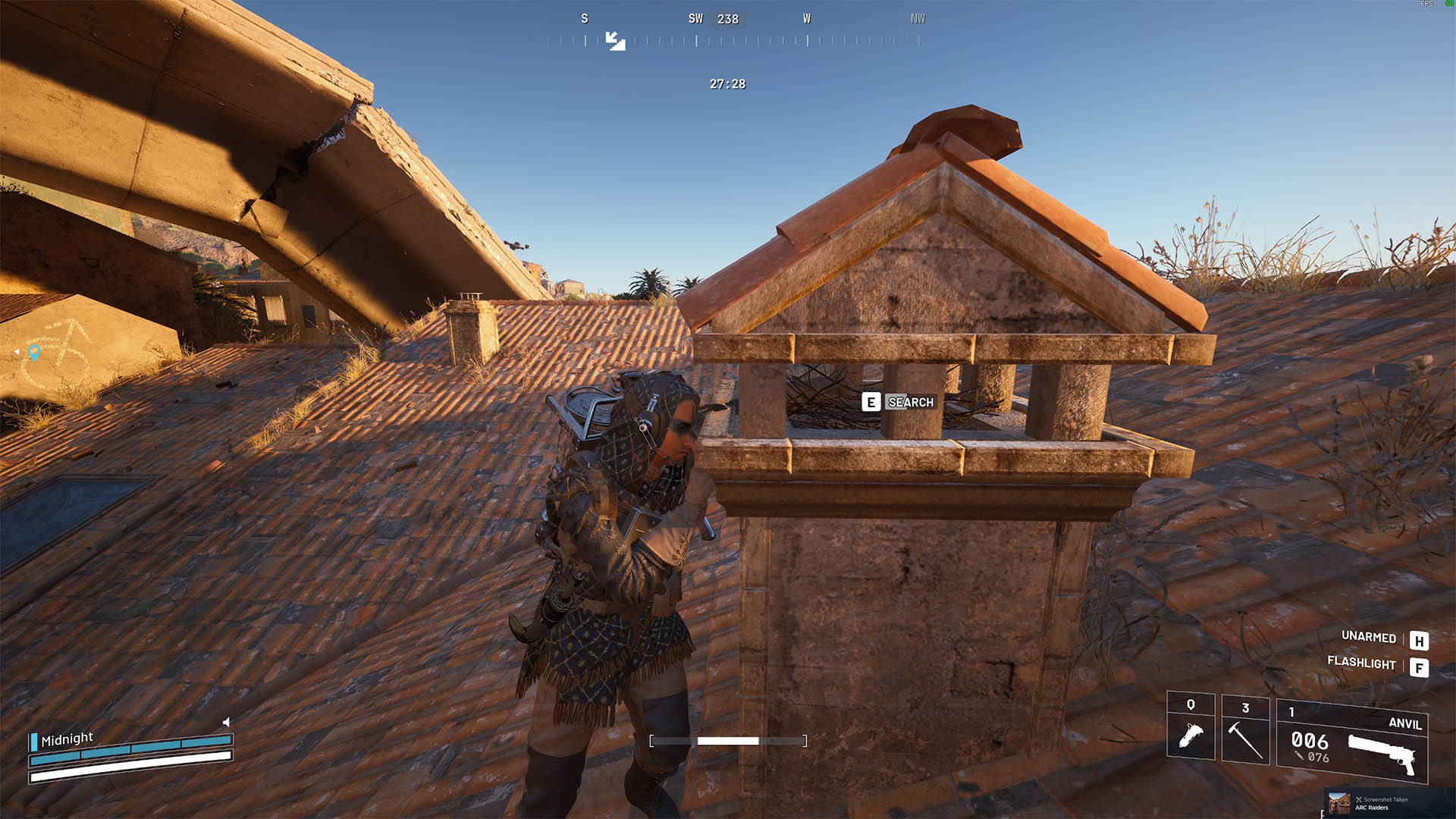 Character searching a bird nest inside a chimney on Buried City rooftop