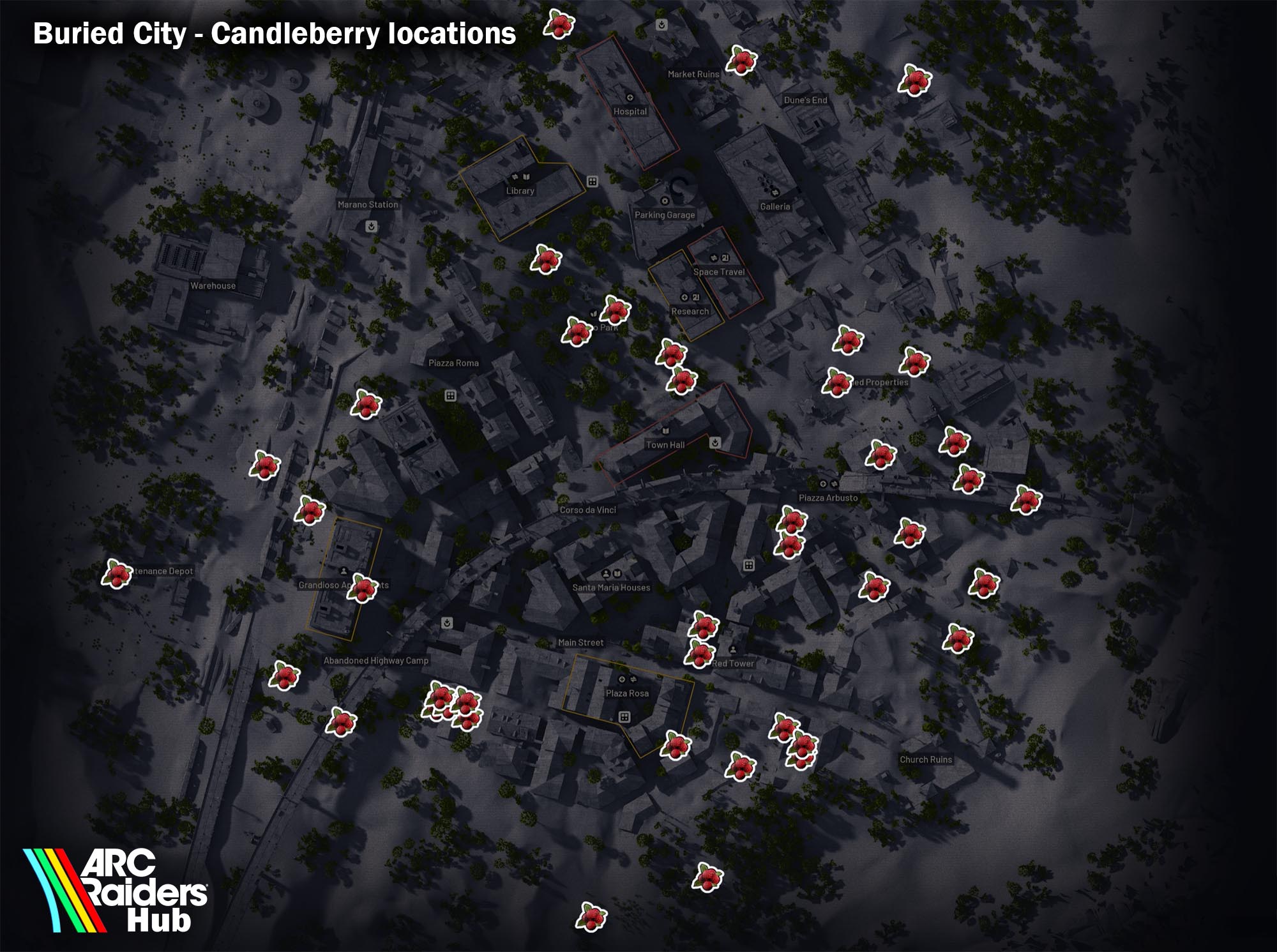 Candleberry spawn locations on Buried City map with vegetation zones