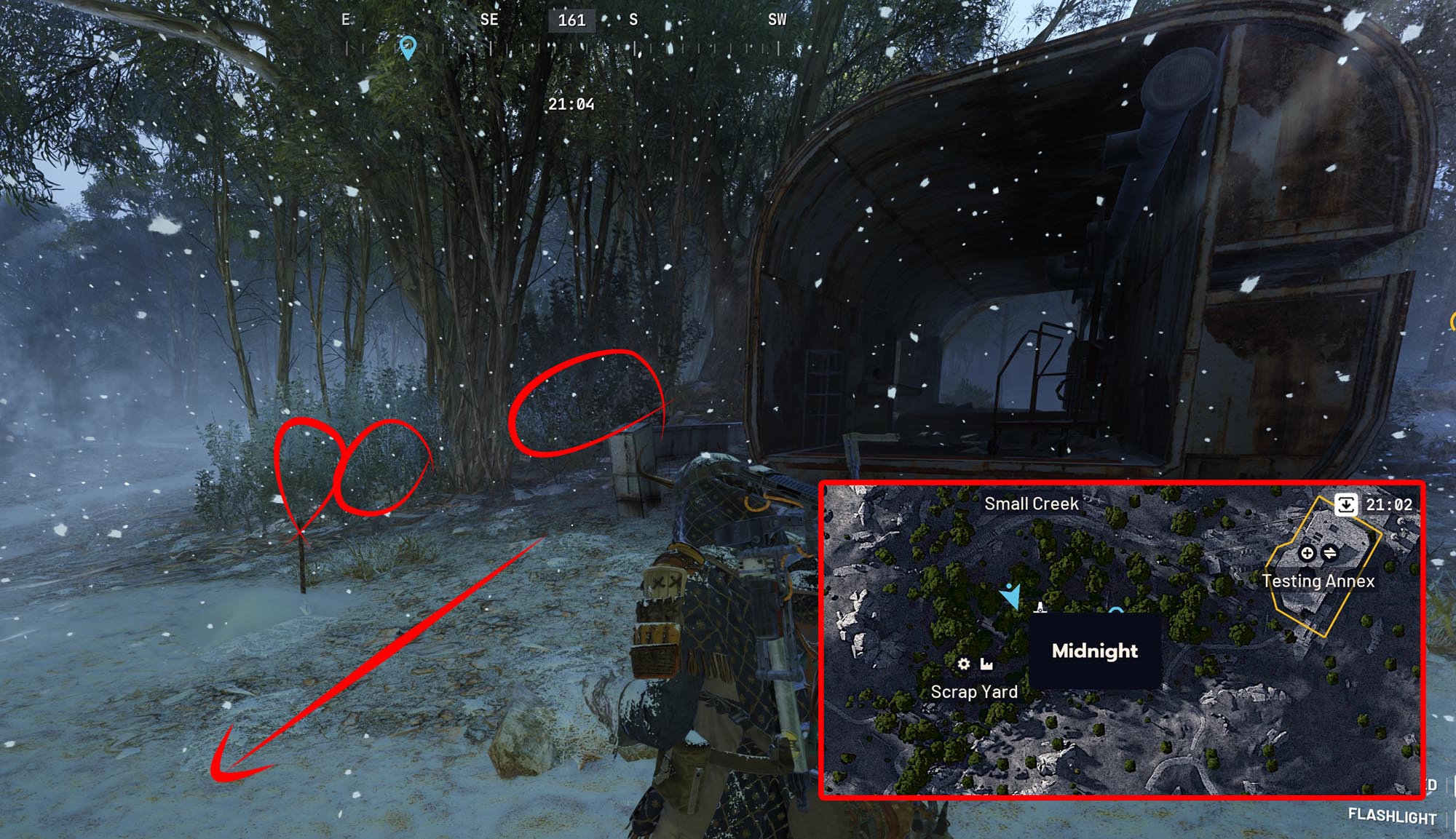 Scrapyard Candleberry spawn locations showing four spawn points with bright red bushes