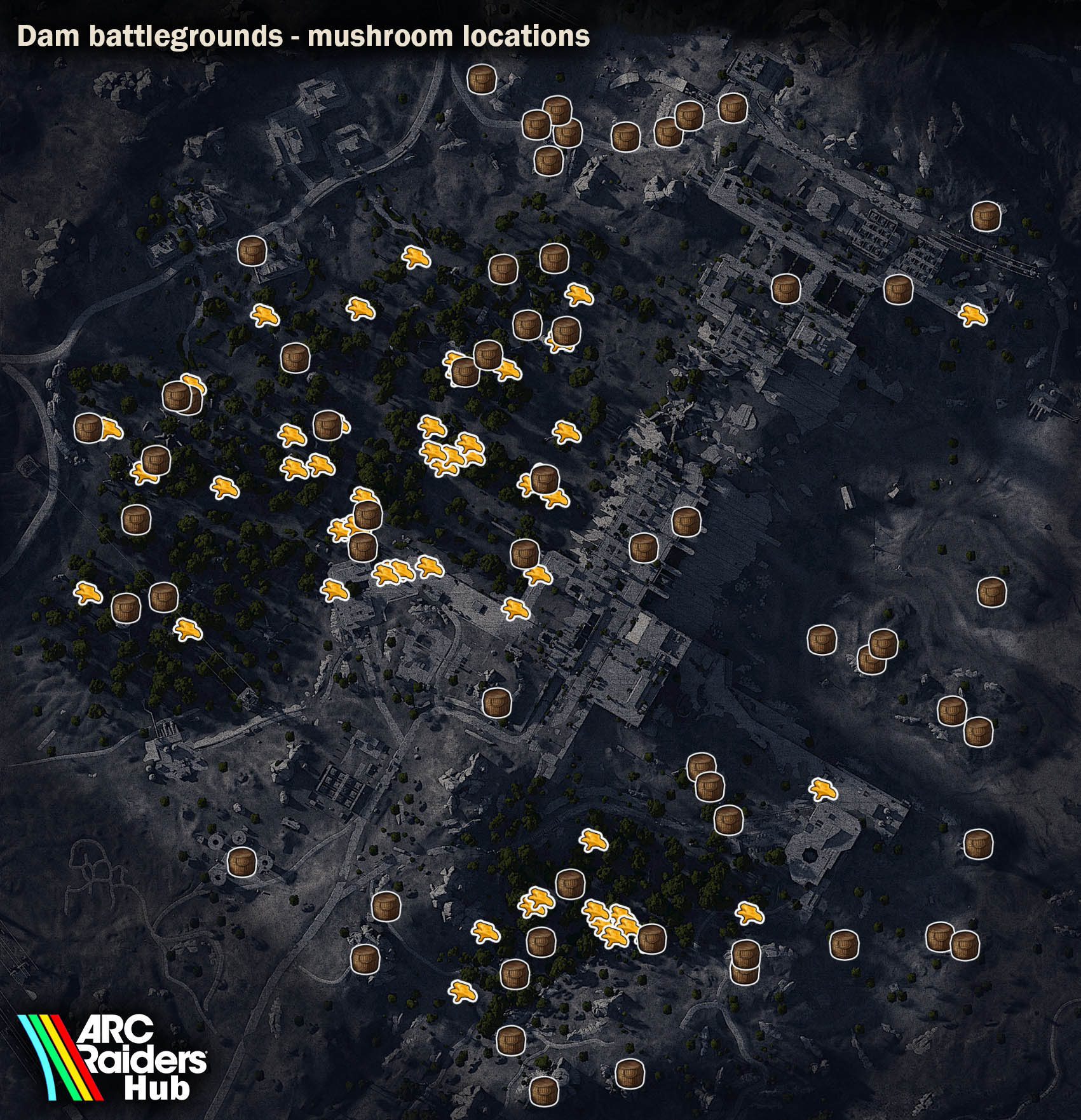 Mushroom and wicker basket spawn locations on Dam Battlegrounds map showing high-density zones in swamp, Hydroponic Dome, and Water Treatment Plant