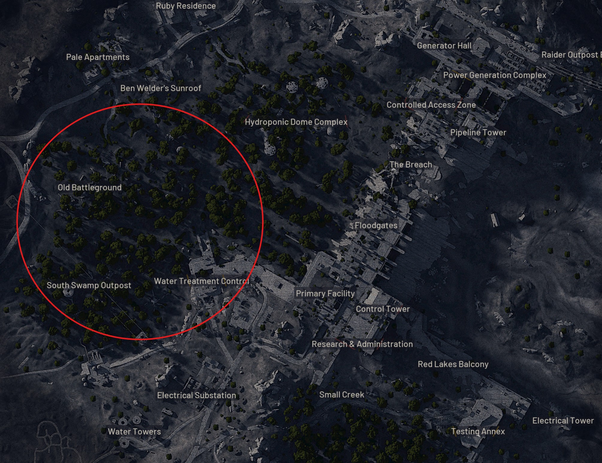 Map of Dam Battlegrounds with the Swamp area circled on the west side, between South Swamp Outpost and the Hydroponic Dome Complex, for ARC Raiders Converging Paths Stage 1