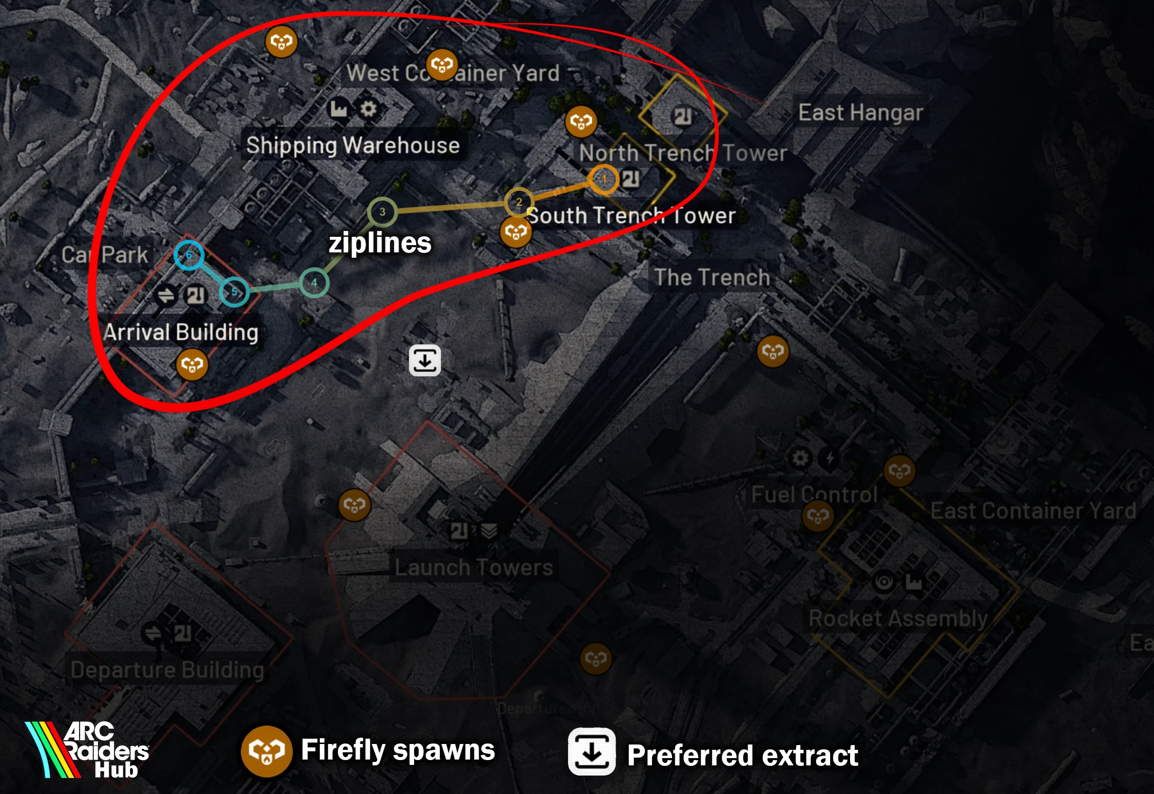 Spaceport firefly spawn locations and zipline route for the Damage Fireflies trial during Hidden Bunker event