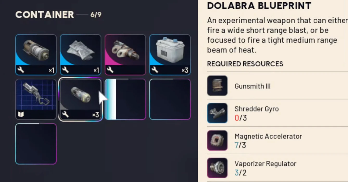 Dolabra blueprint found in Assessor container and crafting requirements screen