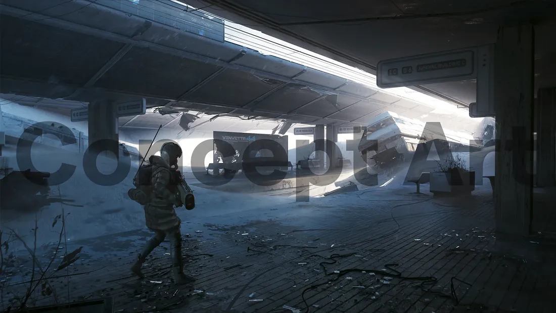 Concept art of a snow-filled, collapsed train station platform with a derailed carriage on Pendola Pass