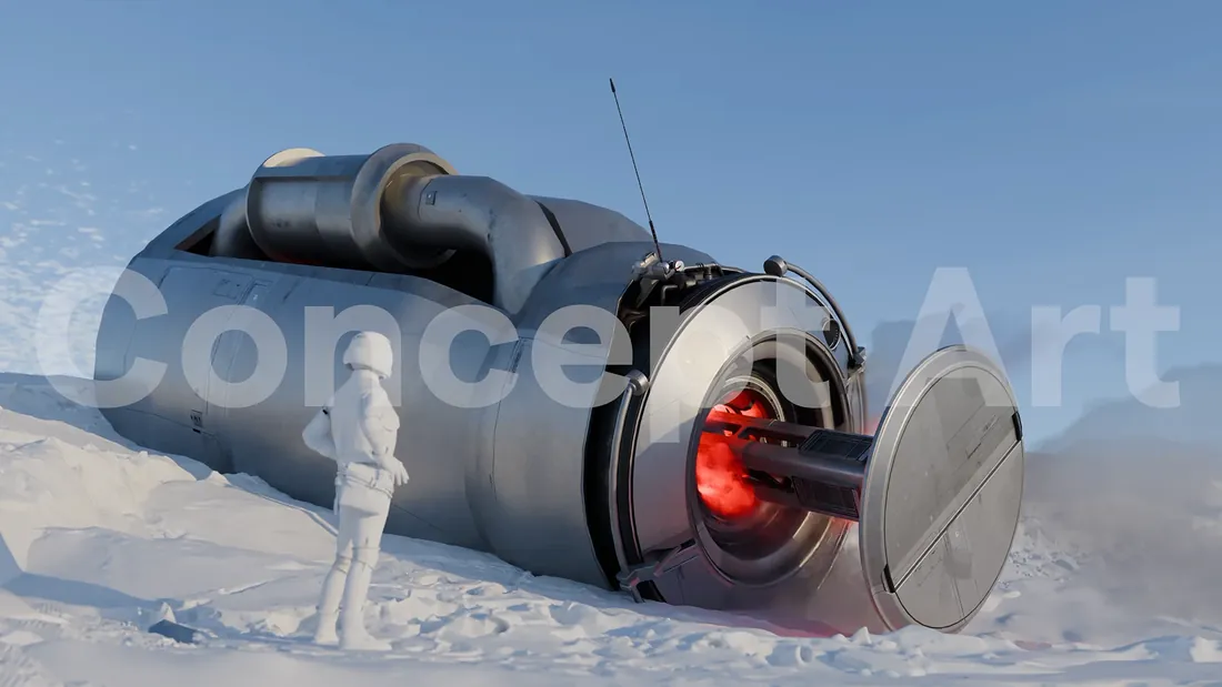 Concept art of a large metal capsule lying in the snow with an open hatch and a glowing red engine, a Raider standing beside it
