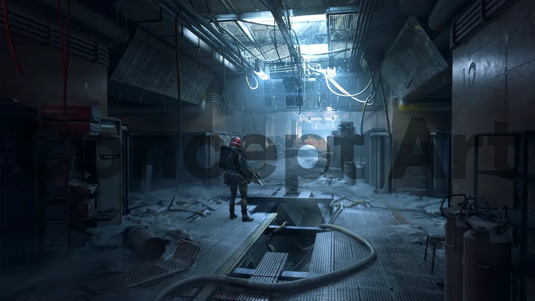 Concept art of a frost-covered industrial lab corridor with an open floor hatch and hanging cables on Pendola Pass