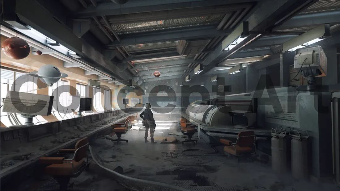 Concept art of an abandoned research control room with planetary models hanging from the ceiling on Pendola Pass