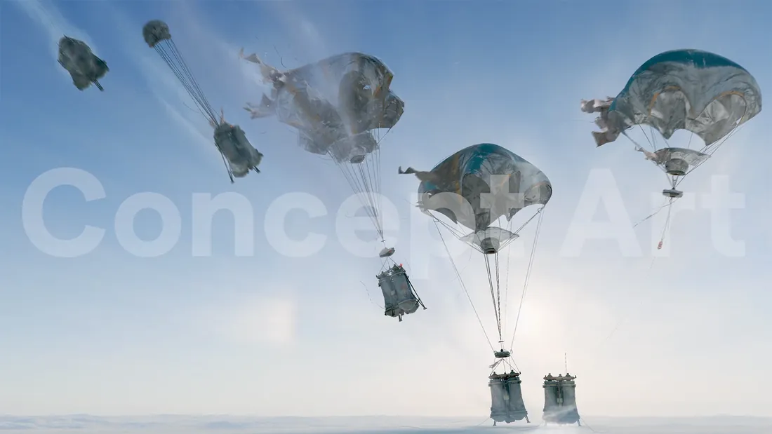 Concept art of several cylindrical pods descending on parachutes over a snowfield in ARC Raiders