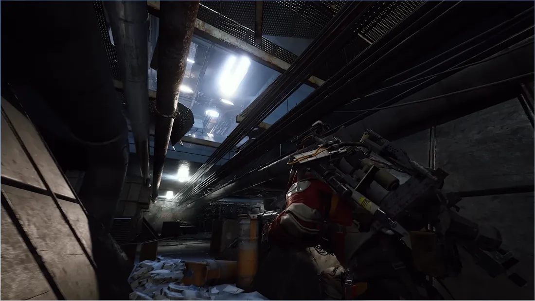 A Raider squeezing through a cramped, pipe-lined industrial crawl space in ARC Raiders Frozen Trail