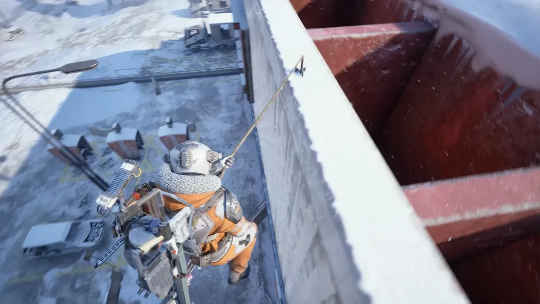 A Raider climbing a snowy concrete wall on the new grappling hook on Pendola Pass