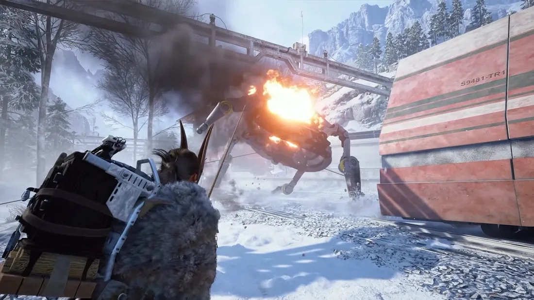A Raider tethering a Bully to the ground next to a train on Pendola Pass while it takes an explosion