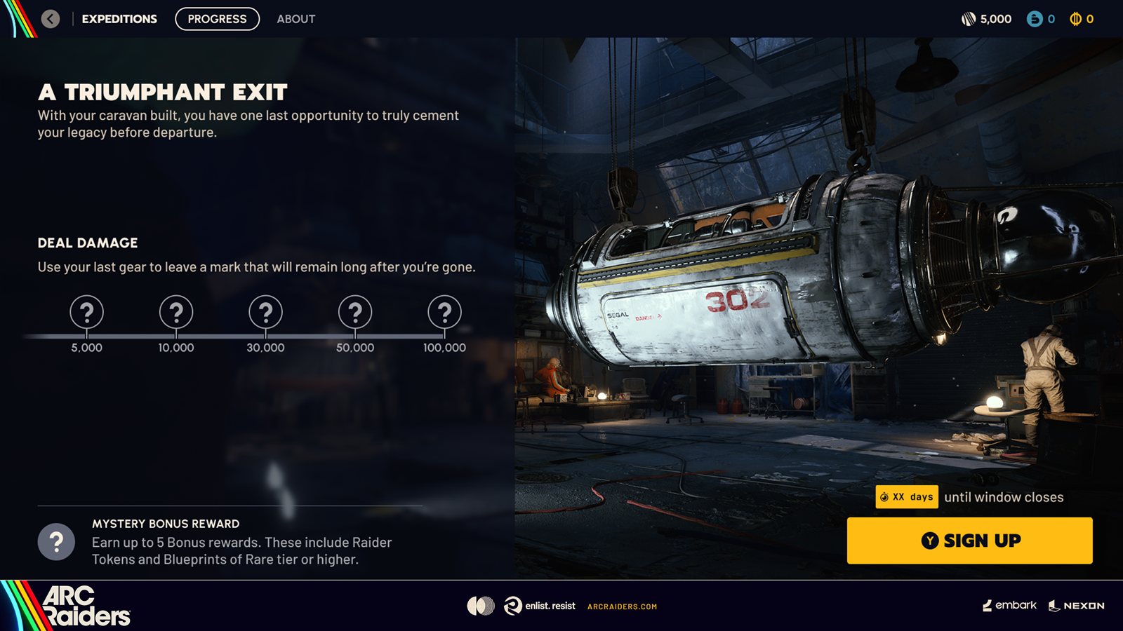 Arc Raiders Expedition 4 in-game challenge screen with damage thresholds and Mystery Bonus Reward
