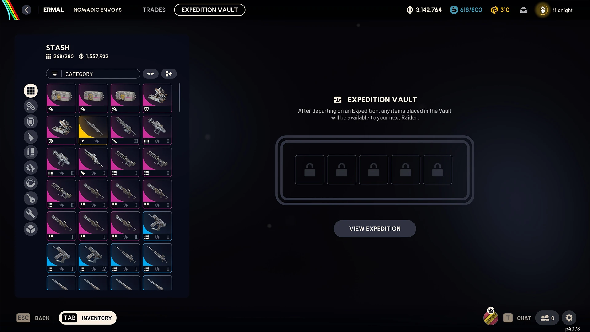Expedition Vault screen showing five item slots for carrying items across the Expedition wipe in ARC Raiders