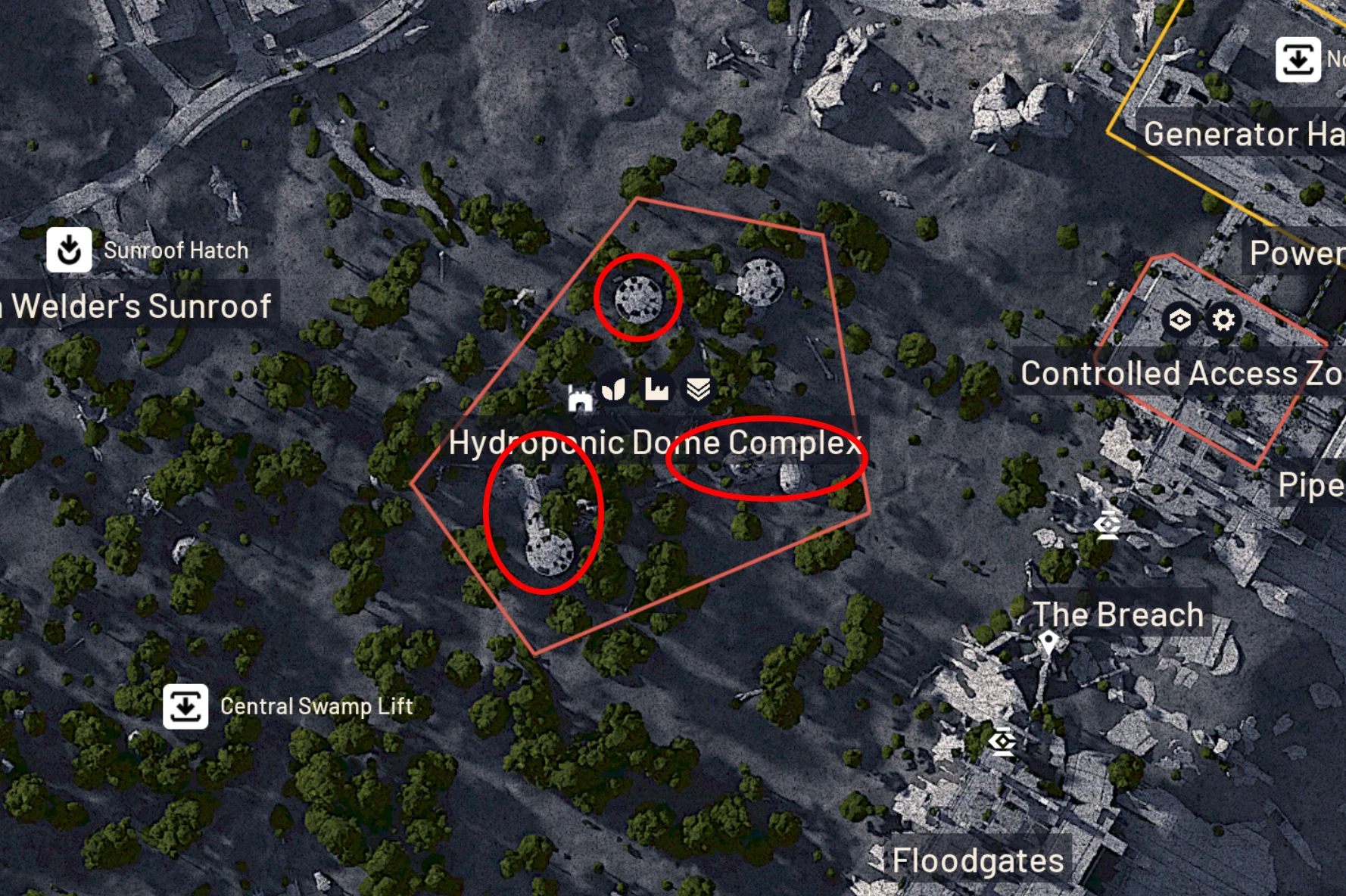 Fertilizer planters inside the Hydroponic Dome Complex on Dam Battlegrounds in ARC Raiders