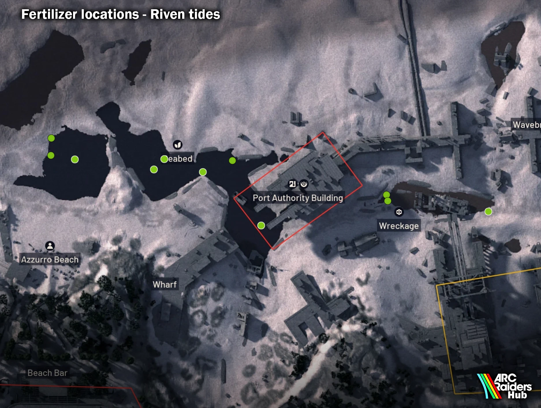 Fertilizer pile spawn locations on the Riven Tides interactive map in ARC Raiders