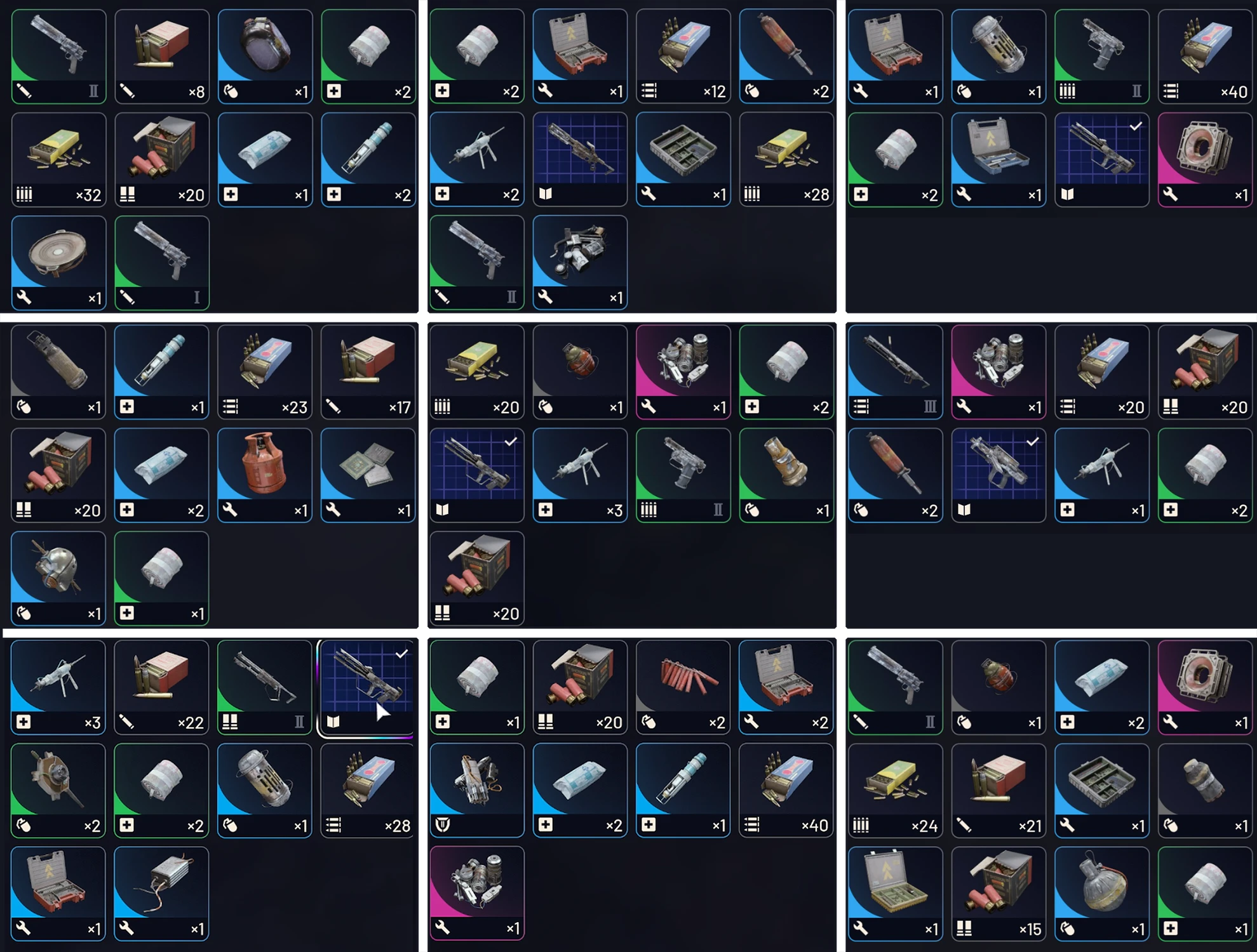 First Wave Cache loot contents showing 9 examples of premium loot including Tempest blueprints, Bobcat blueprints, Vulcano blueprints, and high-grade healing items