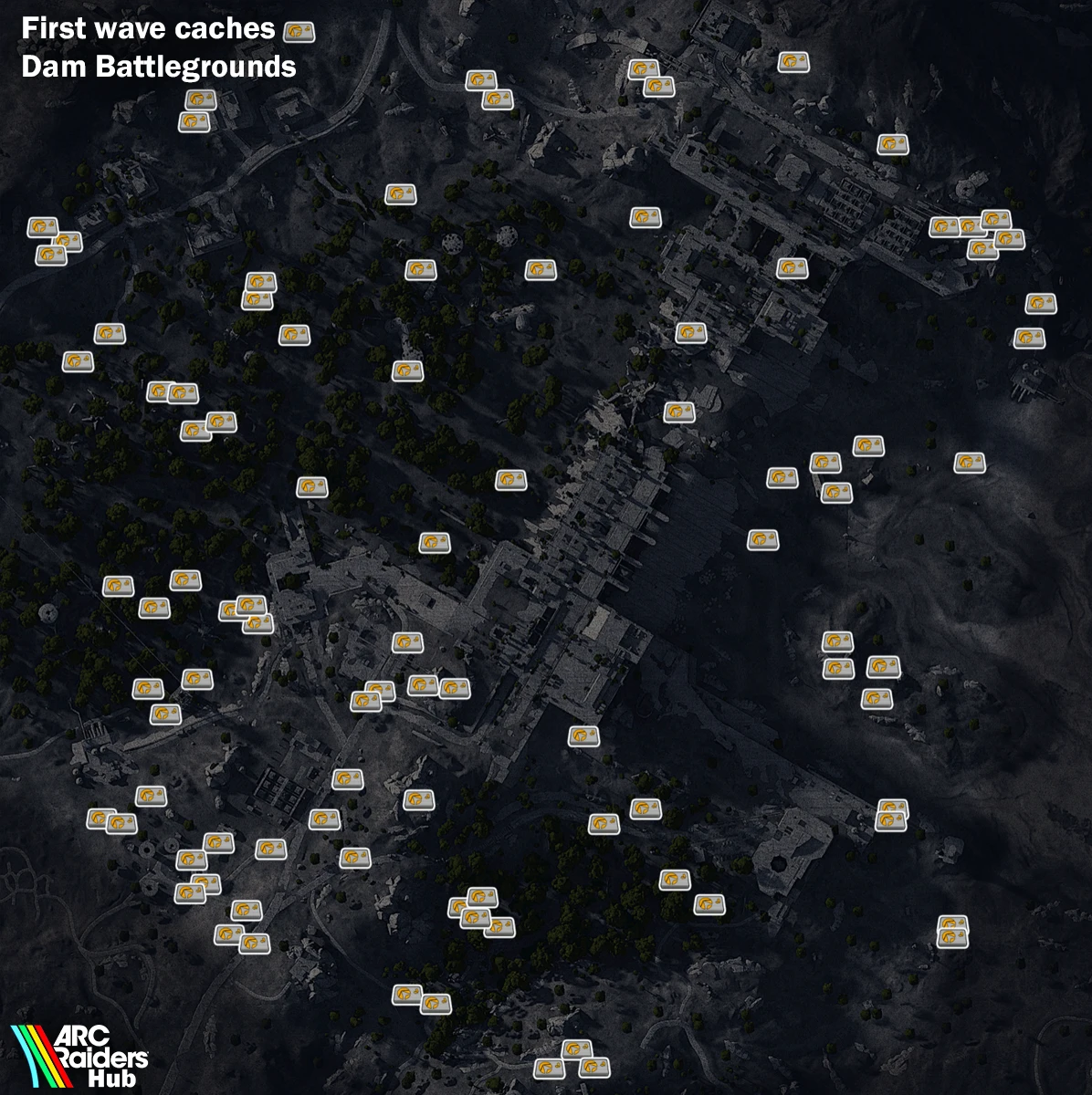 Dam Battlegrounds map showing raider cache spawn locations