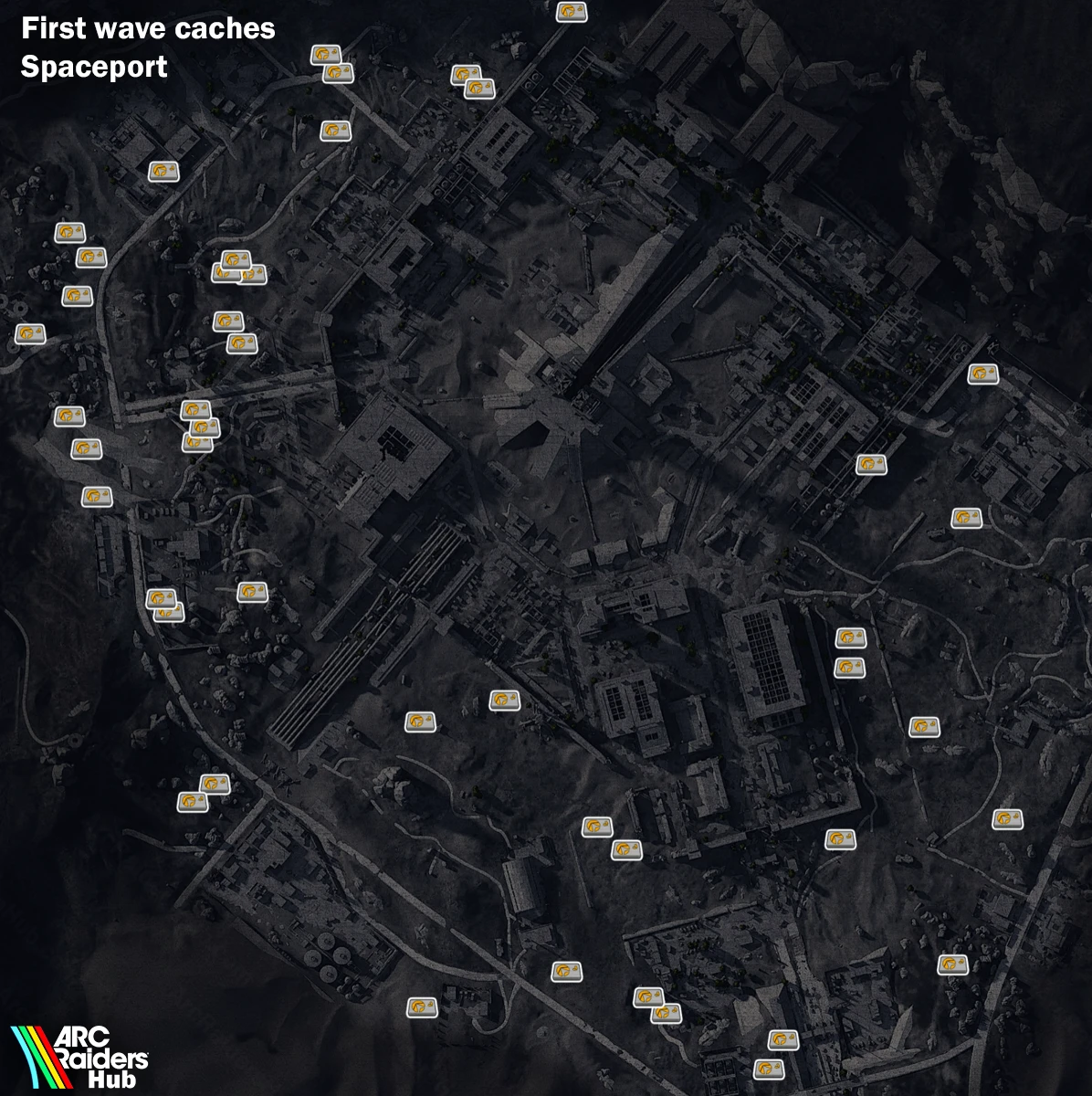 Spaceport map showing raider cache spawn locations