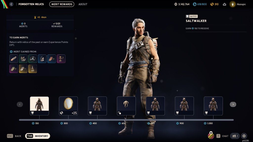 ARC Raiders Forgotten Relics merit reward track showing the Saltwalker outfit and Raider Token rewards
