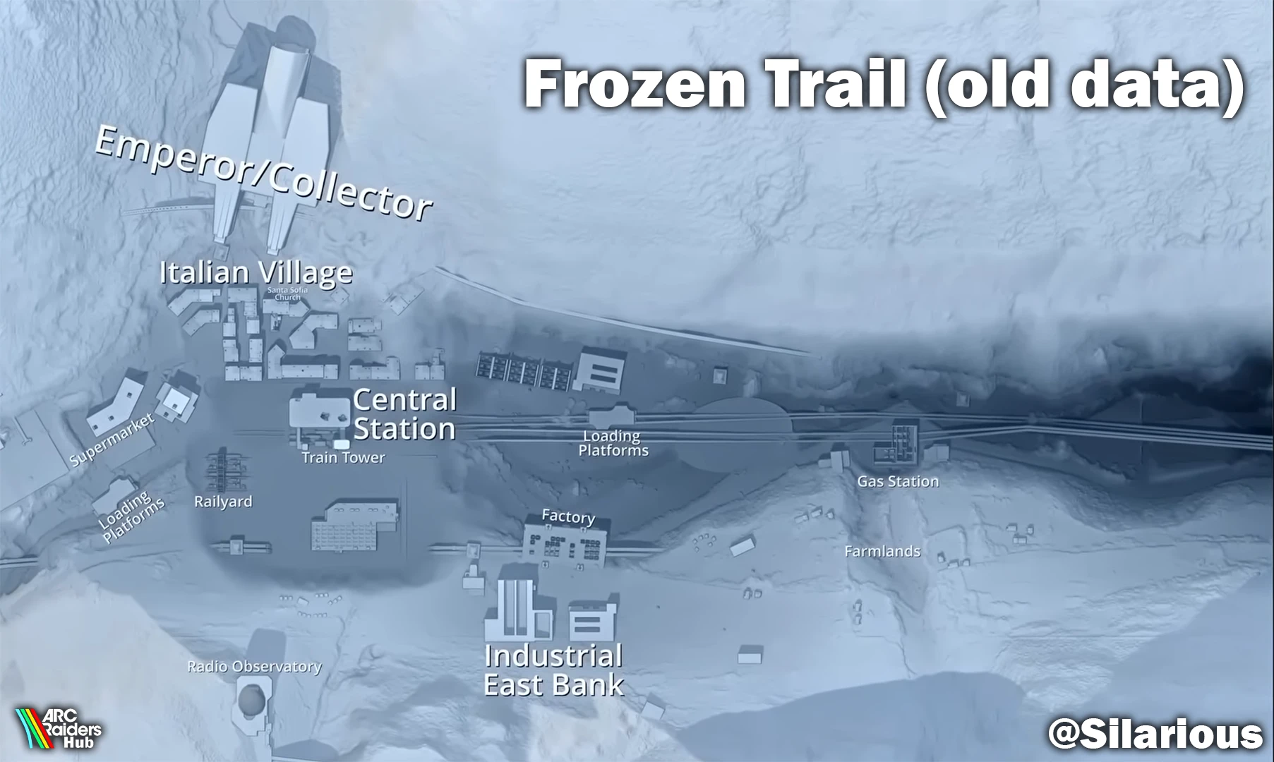 Datamined Pendola Pass map layout for ARC Raiders Frozen Trail showing the Emperor, Italian village, supermarket, central station, railyard, factory, industrial east bank, radio observatory, gas station and farmlands