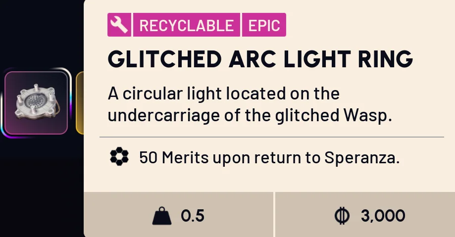 Glitched ARC Light Ring item tooltip - Epic, 50 Merits upon return to Speranza