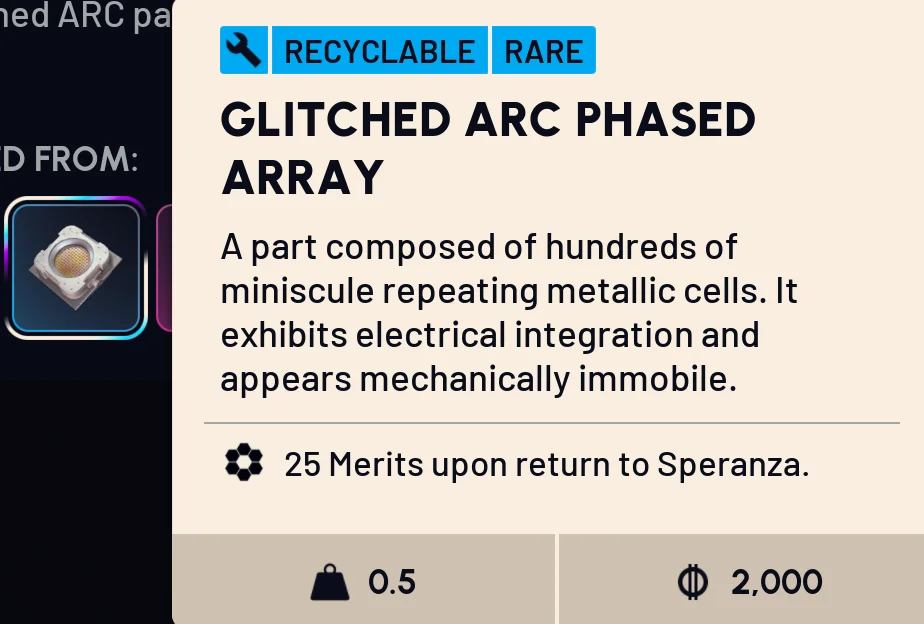 Glitched ARC Phased Array item tooltip - Rare, 25 Merits upon return to Speranza