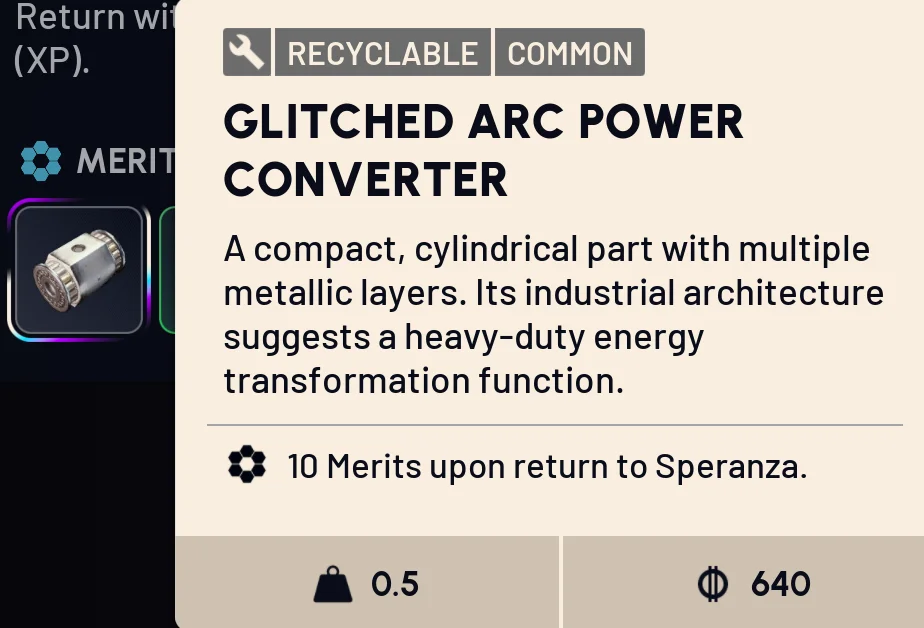 Glitched ARC Power Converter item tooltip - Common, 10 Merits upon return to Speranza
