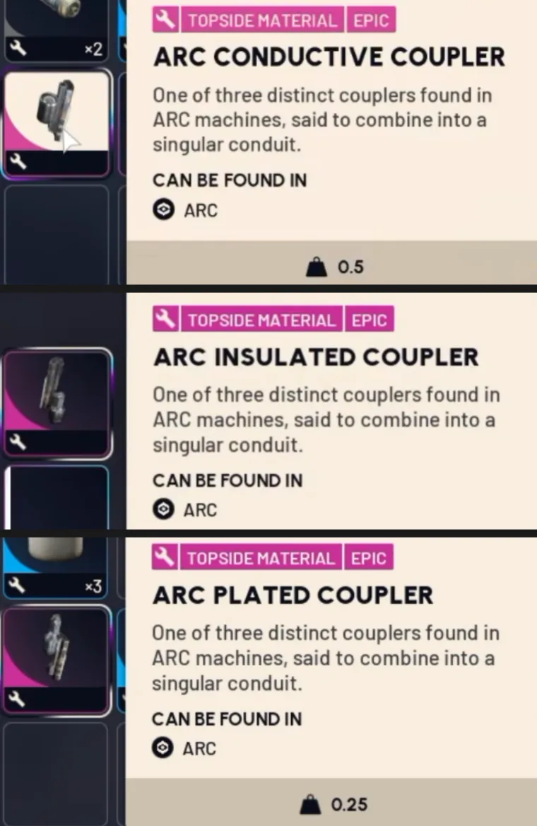 ARC Conductive Coupler, ARC Insulated Coupler and ARC Plated Coupler tooltips