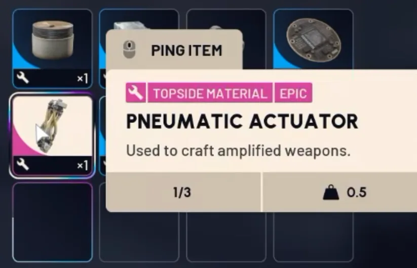 Pneumatic Actuator tooltip: epic topside material, used to craft amplified weapons