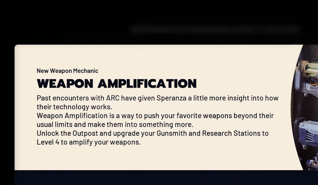 In-game Weapon Amplification explainer: unlock the Outpost and upgrade your Gunsmith and Research Stations to Level 4