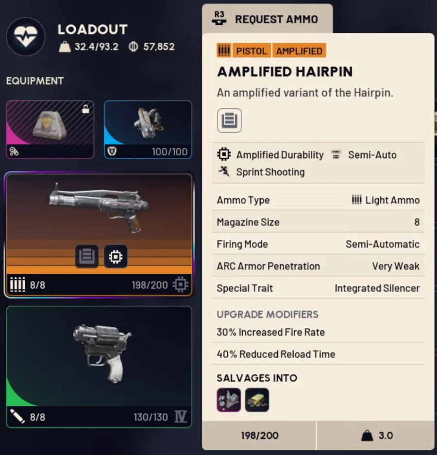 Amplified Hairpin weapon card and tooltip: Semi-Auto and Sprint Shooting, 8-round magazine, integrated silencer, 198/200 durability