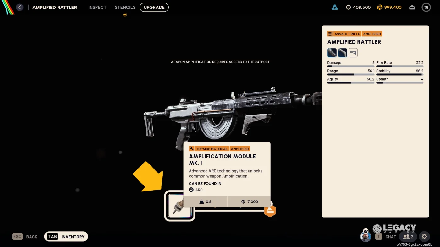 The amplified Rattler's upgrade screen: module slot and upgrade tree at the bottom, stats on the right, and the note that weapon amplification requires access to the Outpost