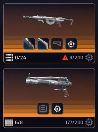 A looted amplified Rattler at 9/200 durability next to an amplified Hairpin at 177/200