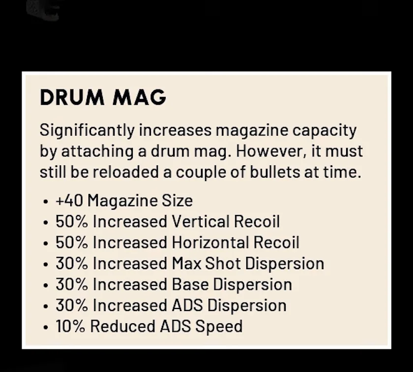 Drum Mag amplification tooltip: +40 magazine size, increased recoil and dispersion, reduced ADS speed