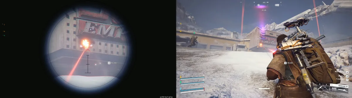 The same Wasp seen through the amplified Renegade's scope and in normal third-person view
