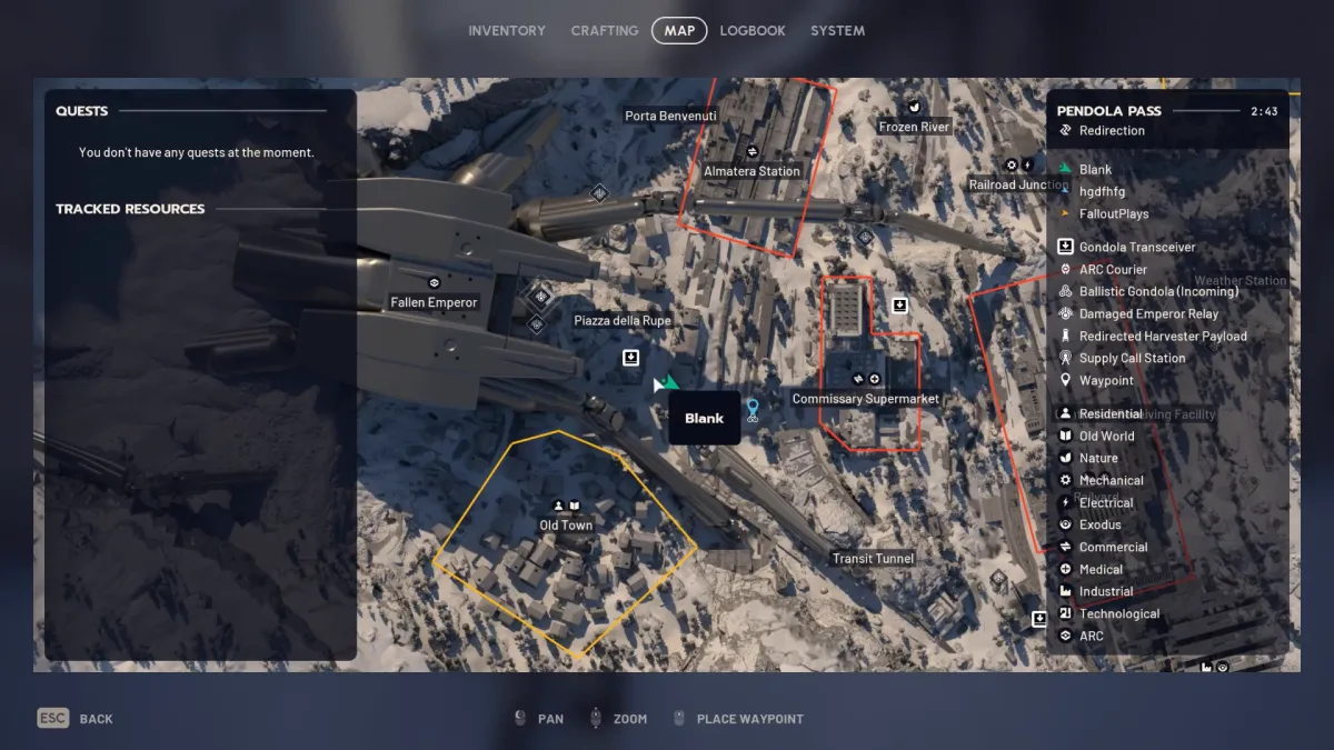 The Pendola Pass map showing the Ballistic Gondola (Incoming) icon