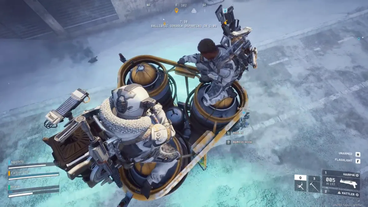 Raiders riding on top of the Ballistic Gondola as it flies