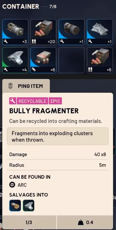 A looted Bully: Mechanical Components, shotgun shells, ARC parts and grenade launcher ammo, plus the Bully Fragmenter tooltip (epic, 40 damage x8, 5 m radius)