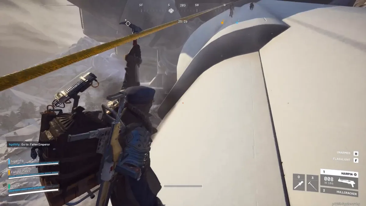 Ziplining up the fallen Emperor's leg