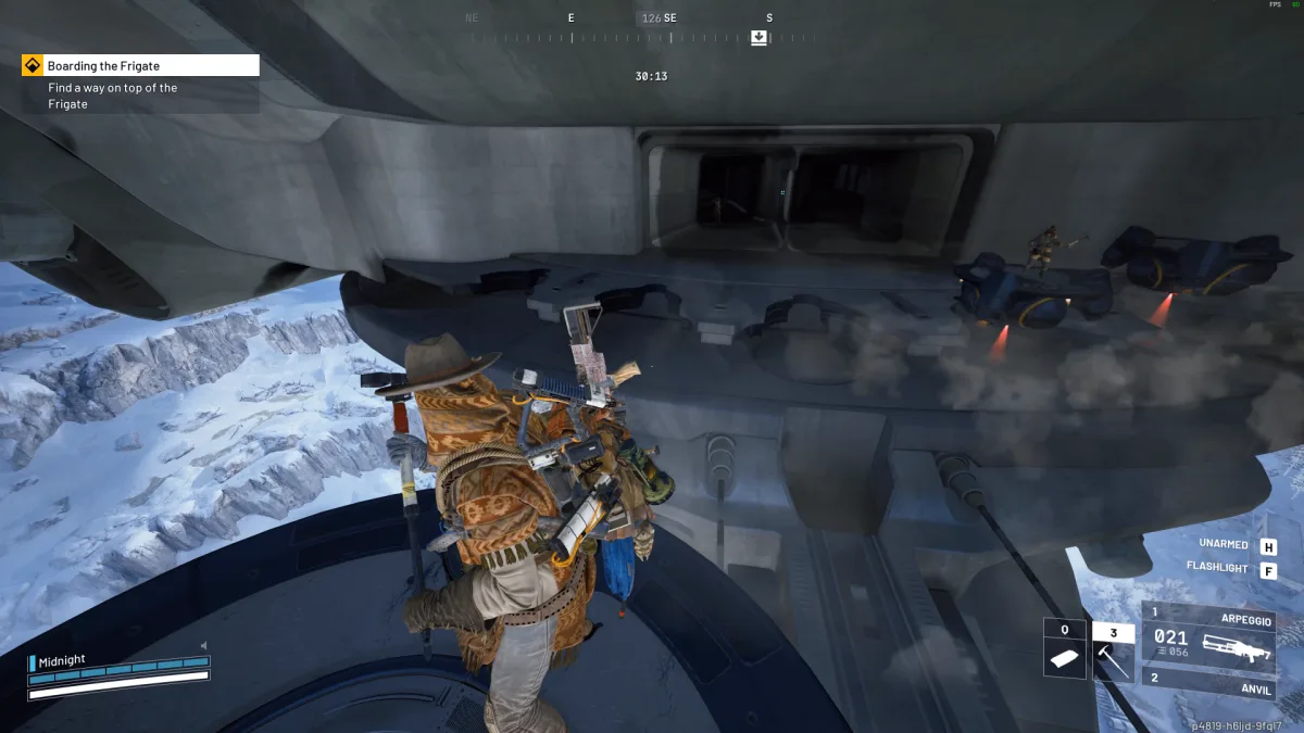 Arriving under the Frigate with the objective Boarding the Frigate: Find a way on top of the Frigate