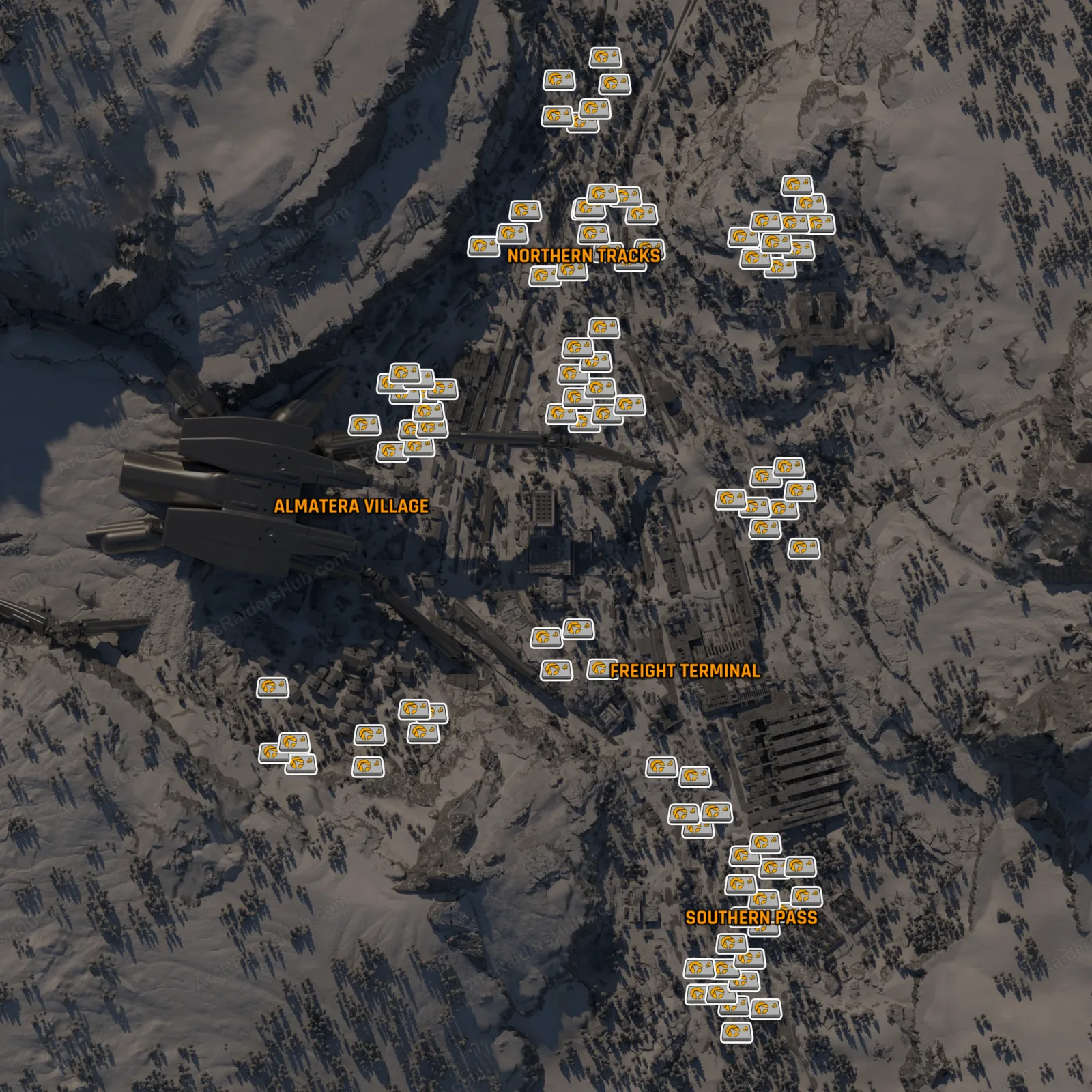 Pendola Pass map with all 98 possible Frozen Raider Cache spots