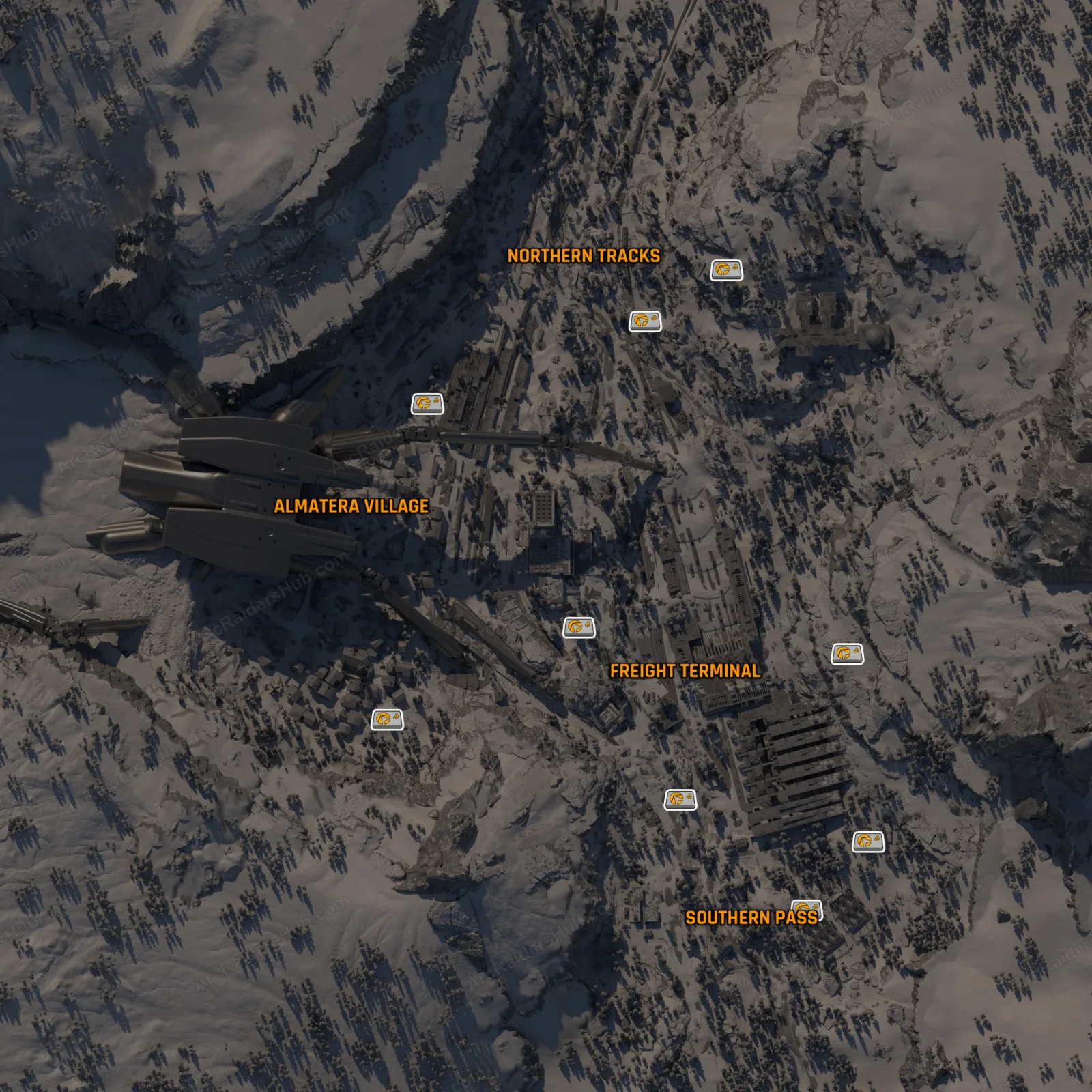 Pendola Pass map with the 9 regular Raider Cache locations