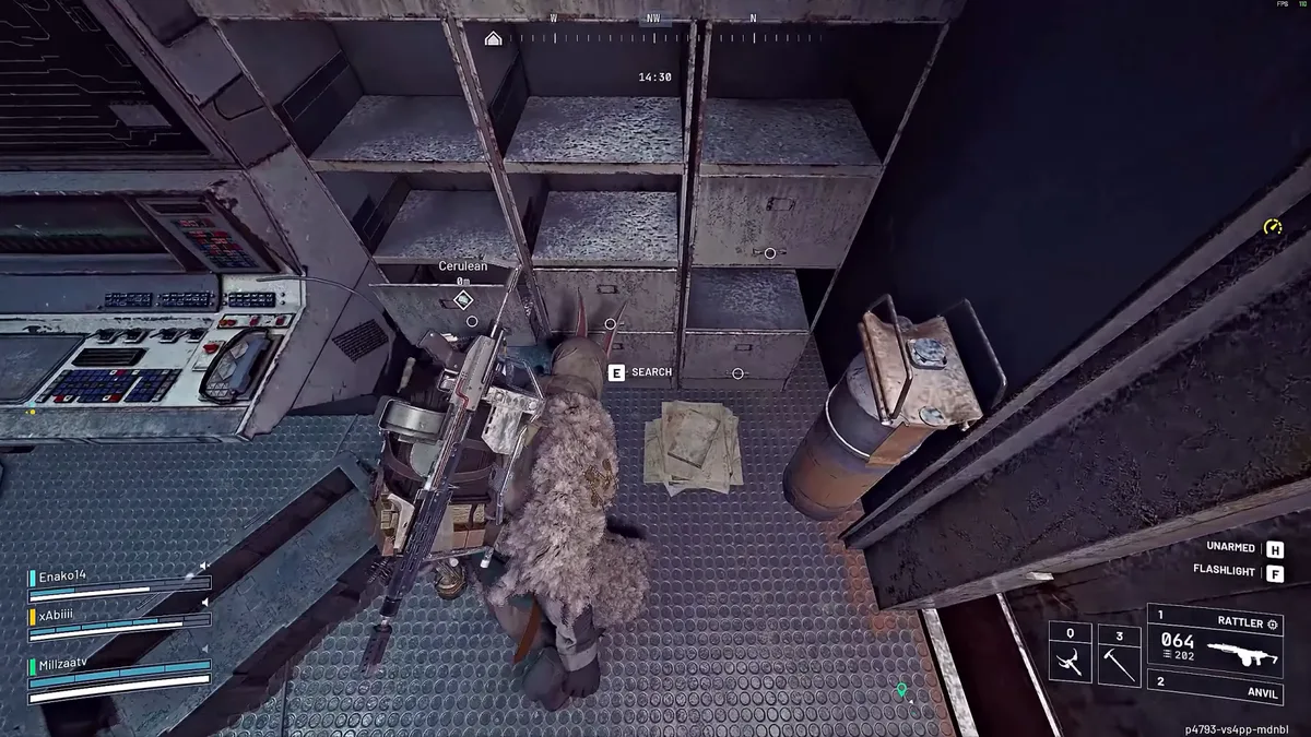 Raider searching a cabinet drawer beside a control console