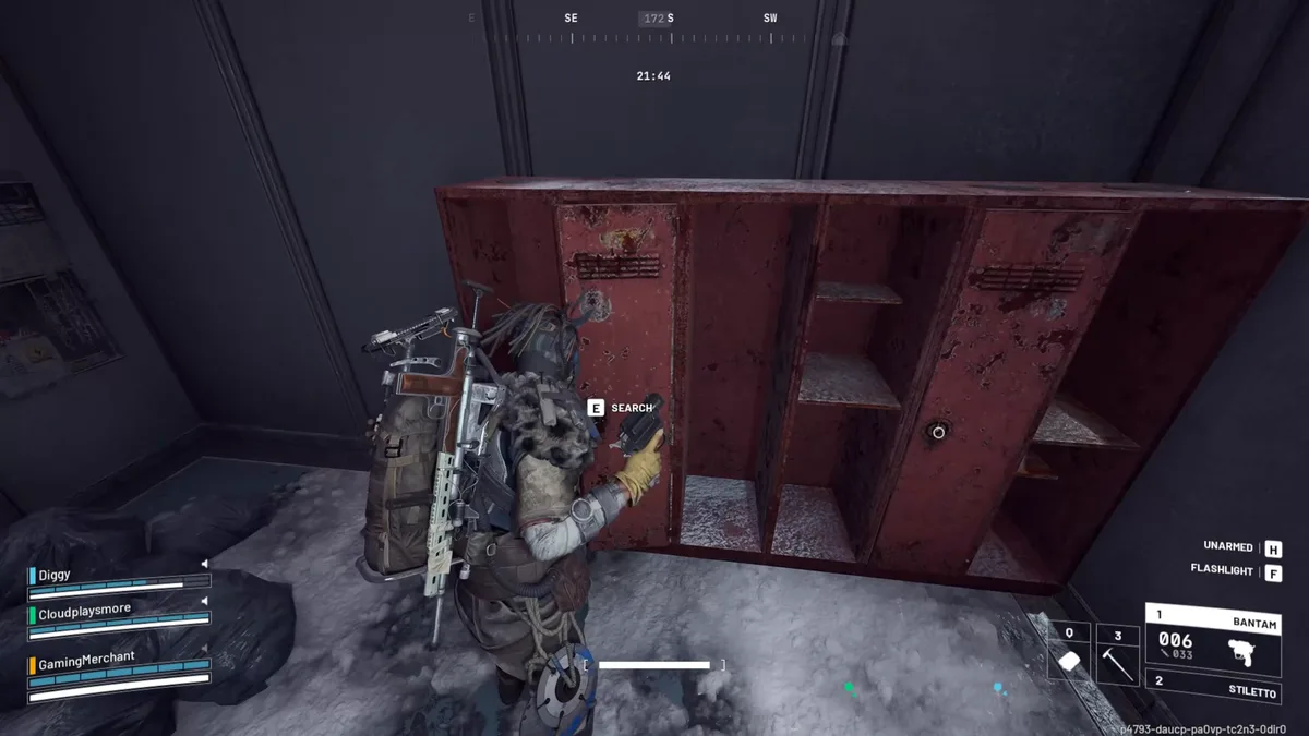 Raider searching a row of rusty red lockers