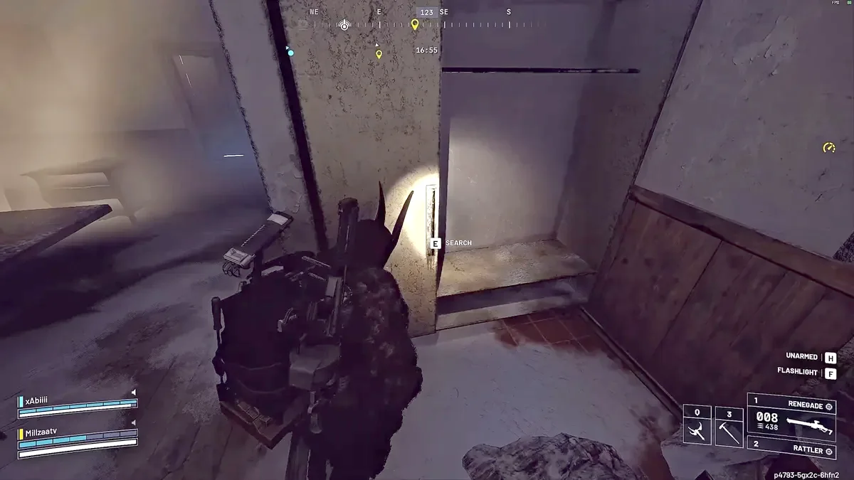 Raider searching a built-in wall cupboard in a dim basement room